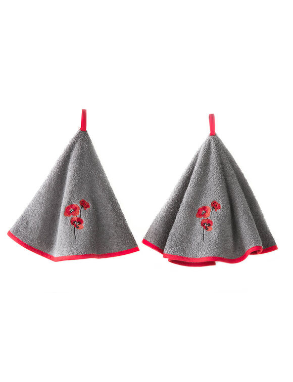 Torchons rond éponge brodée coquelicots - lot de 2 (gris)