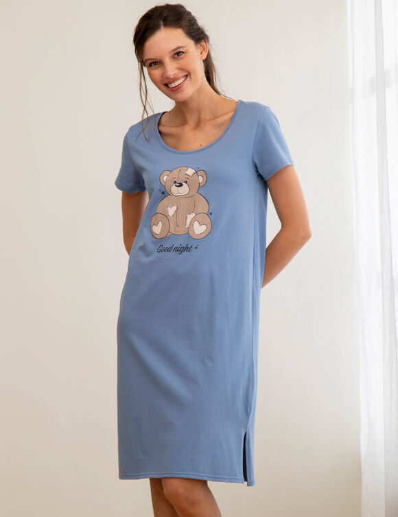 Chemise de nuit courte motif plac&eacute; ourson manches courtes  (bleu gris&eacute;)