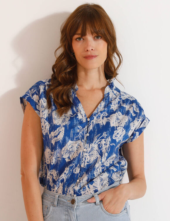 Chemisier manches courtes col volanté, imprimé floral (bleu)