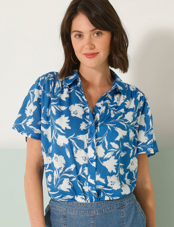 Chemisier smocks épaules, imprimé bicolore (bleu / écru)