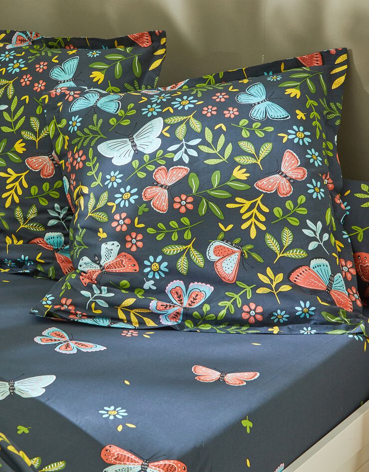 Linge de lit Envolée en coton à motifs papillons (bleu marine)