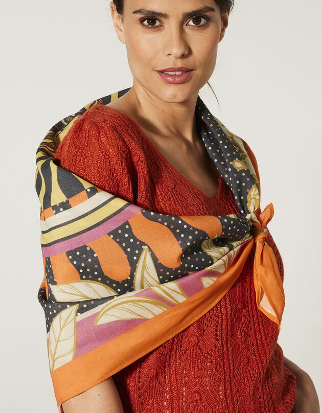 Foulard fabriqué en France imprimé soleil 100 x 100 cm - coton (noir / orange)