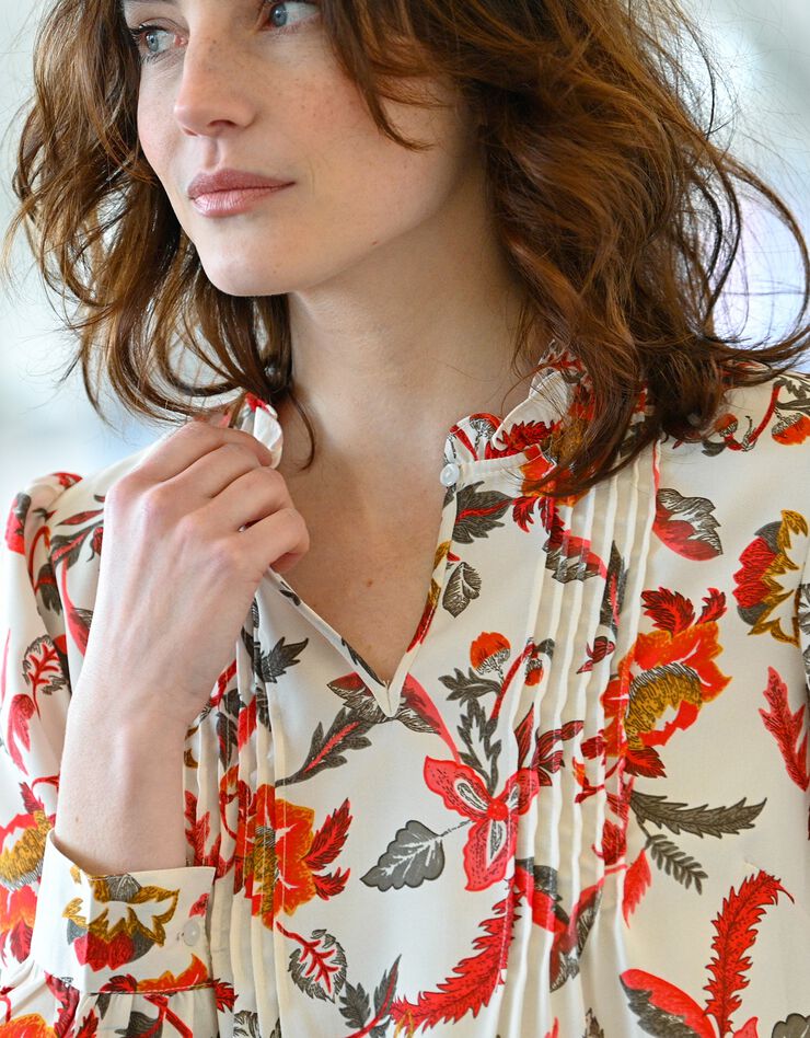 Blouse à plis manches longues imprimée (beige / rouge / kaki) Blouse à plis manches longues imprimée (beige / rouge / kaki)