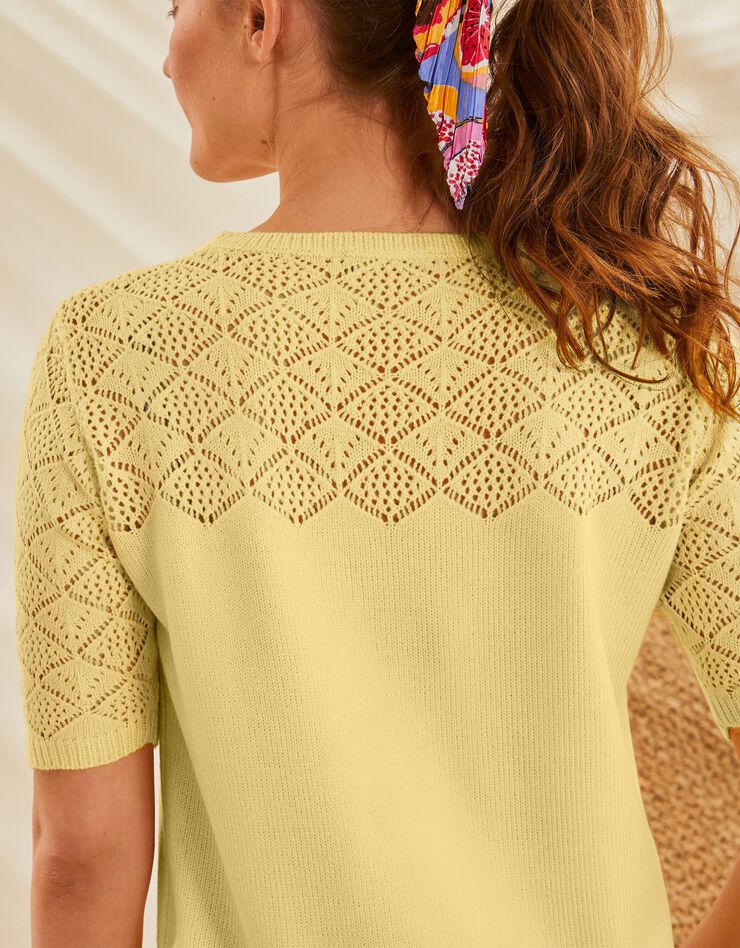 Pull manches courtes, maille ajourée toucher cachemire (jaune) Pull manches courtes, maille ajourée toucher cachemire (jaune)