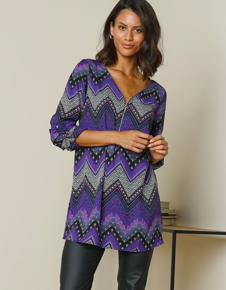Tunique zippée imprimée zigzag (marine / violet) Tunique zippée imprimée zigzag (marine / violet)