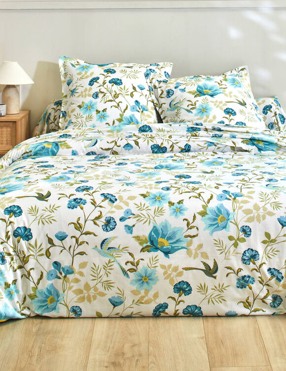 Linge de lit Lola imprimé fleuri - en coton (bleu / blanc)