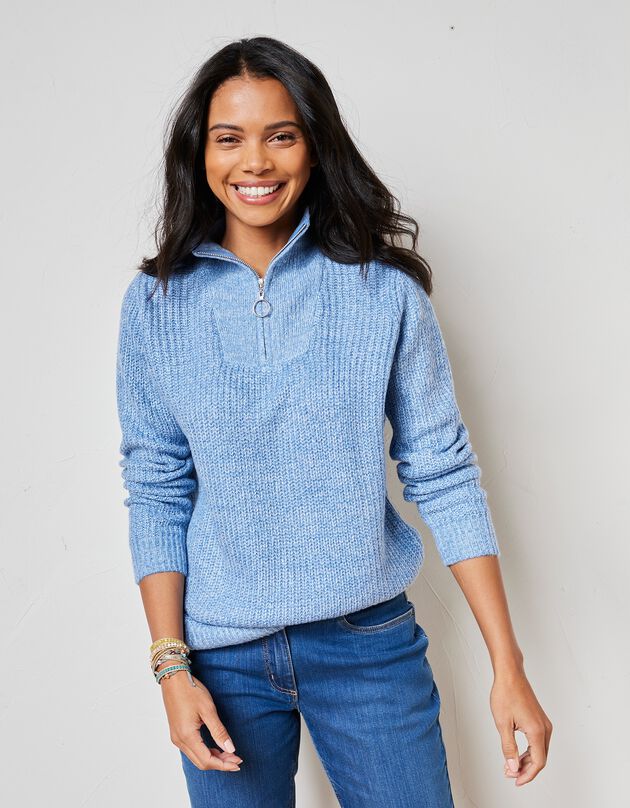 Pull col zippé maille anglaise toucher mohair (bleu chiné)