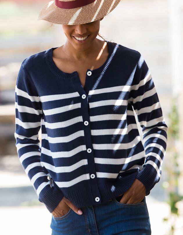 Cardigan rayé boutonné (marine / écru)