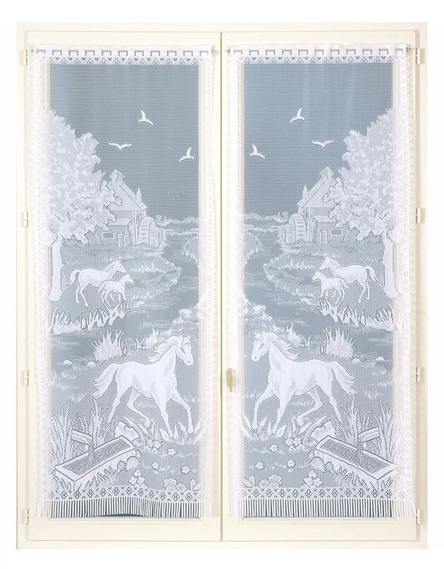 Vitrages droits motifs chevaux finition passe-tringle - Paire (blanc)