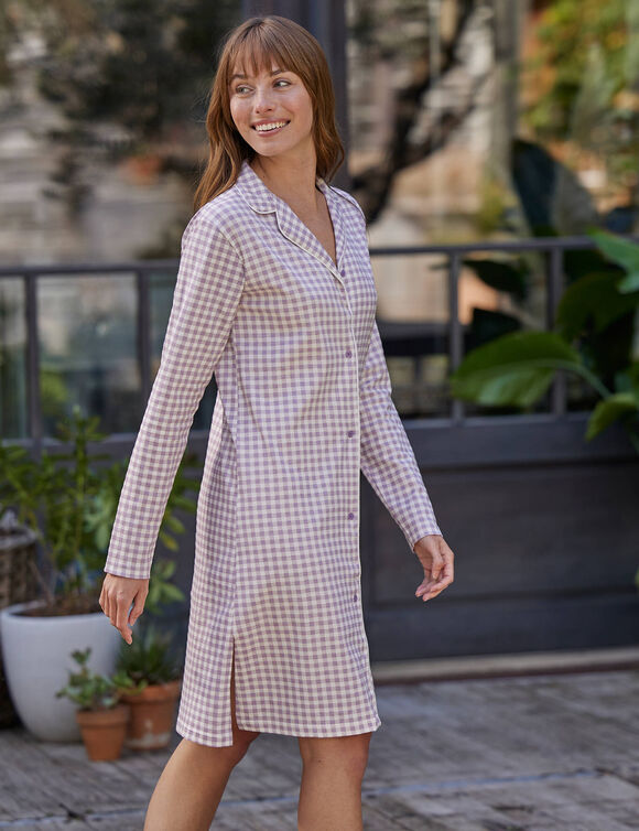 Chemise de nuit boutonnée imprimé petits carreaux (parme)