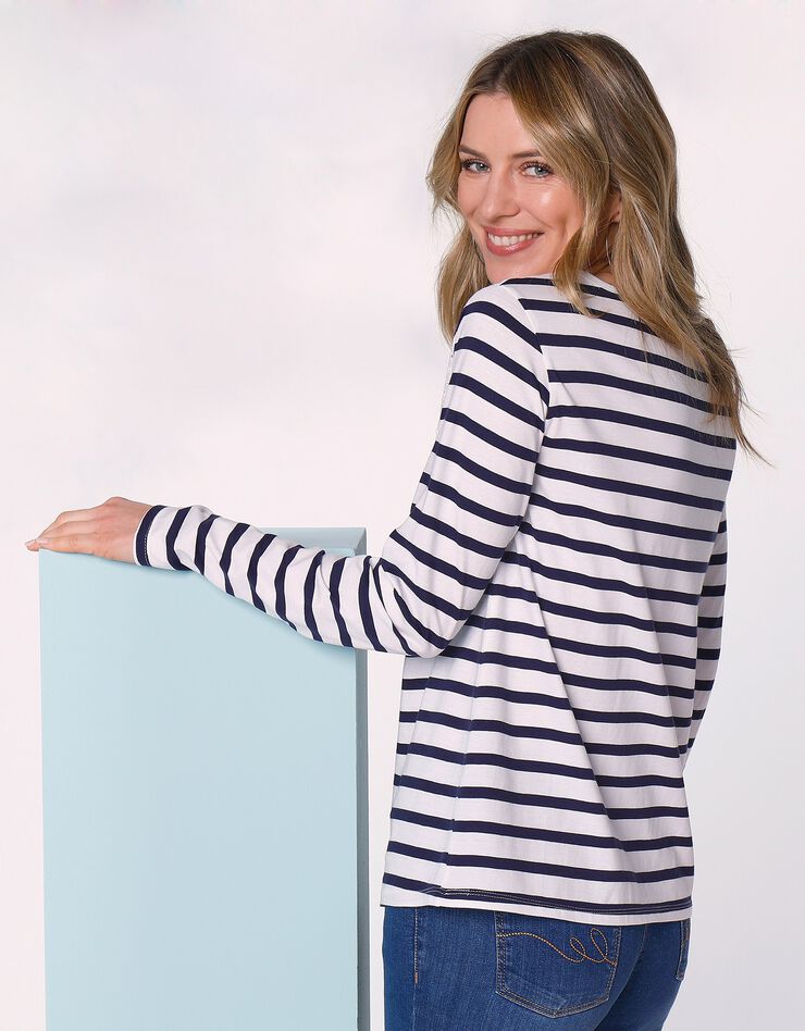 Tee-shirt rayé manches longues, empiècement broderie anglaise (blanc / marine) Tee-shirt rayé manches longues, empiècement broderie anglaise (blanc / marine)