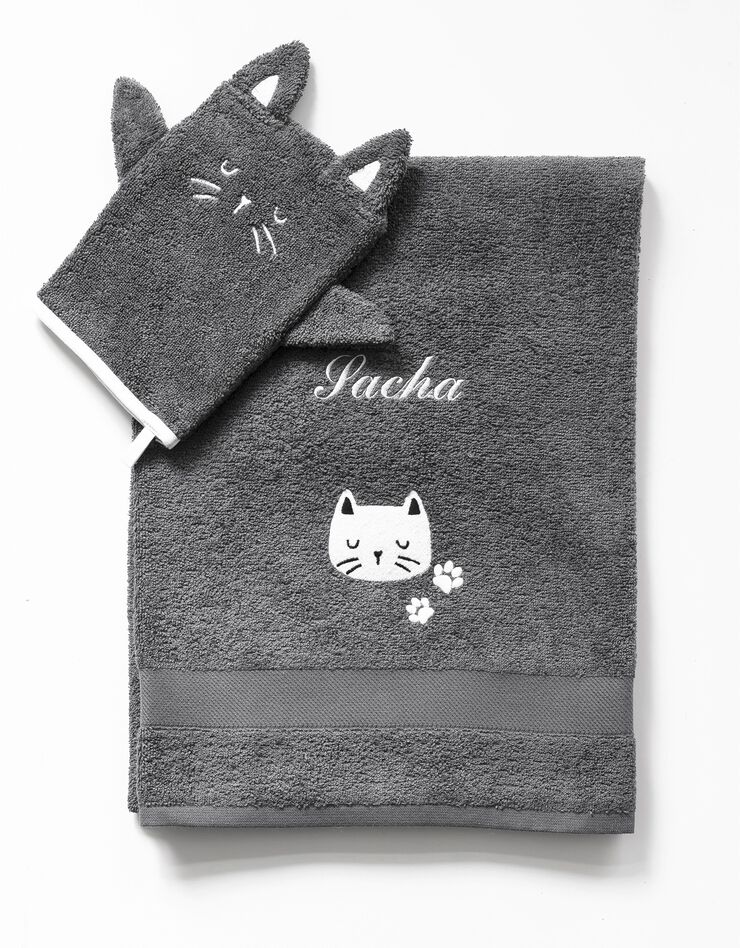 Collection éponge enfant brodée chat personnalisable coton (anthracite)