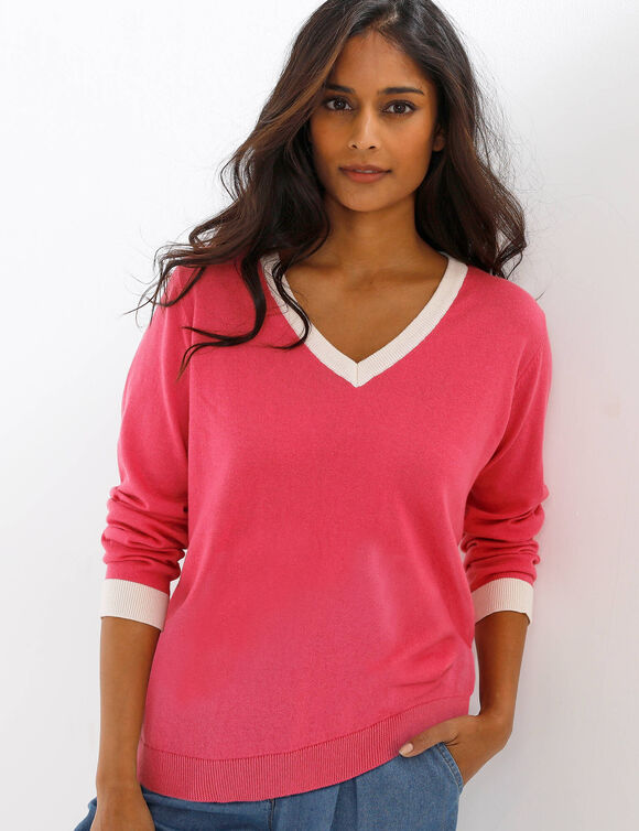 Pull col V bicolore (rose / &eacute;cru)
