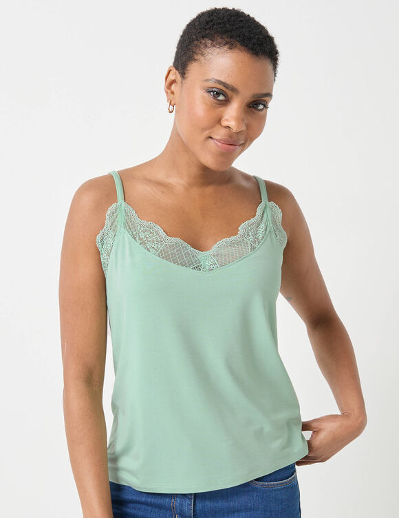 Débardeur col V dentelle, bretelles réglables (vert amande)