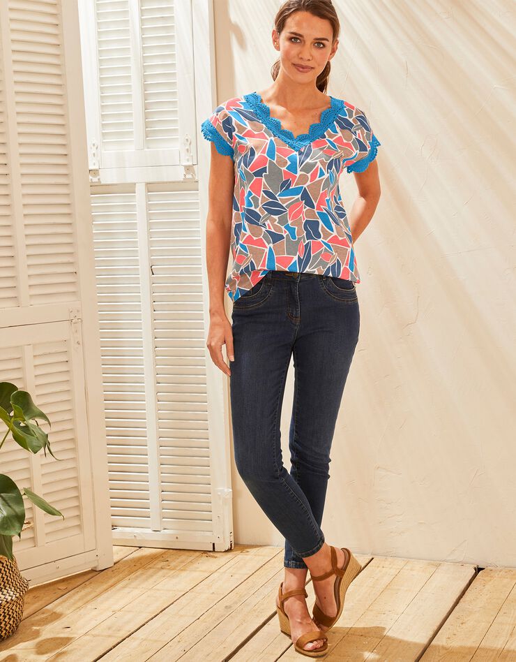 Tee-shirt imprimé col V macramé (bleu / corail) Tee-shirt imprimé col V macramé (bleu / corail)