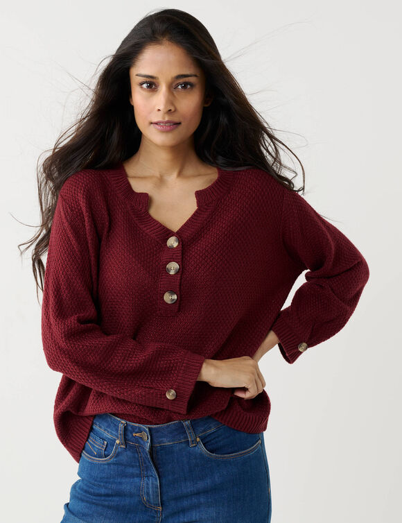 Pull col tunisien manches 3/4, maille fantaisie (bordeaux)