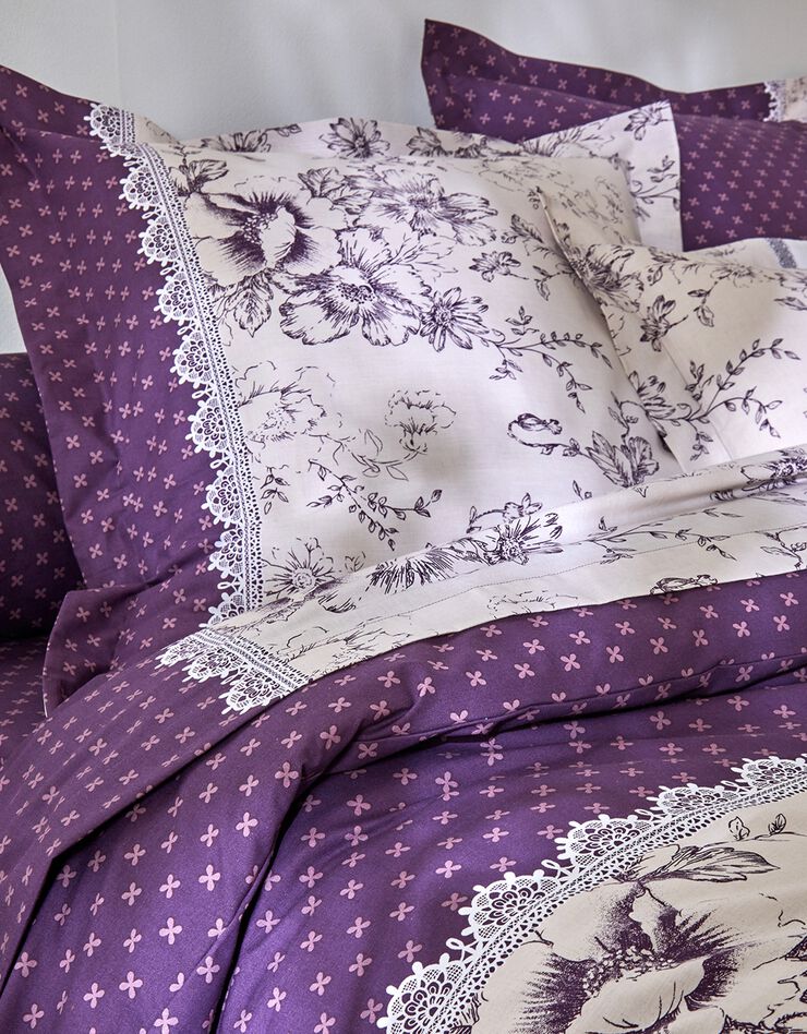 Linge de lit Gabrielle en flanelle imprimé fleurs et dentelle (prune)
