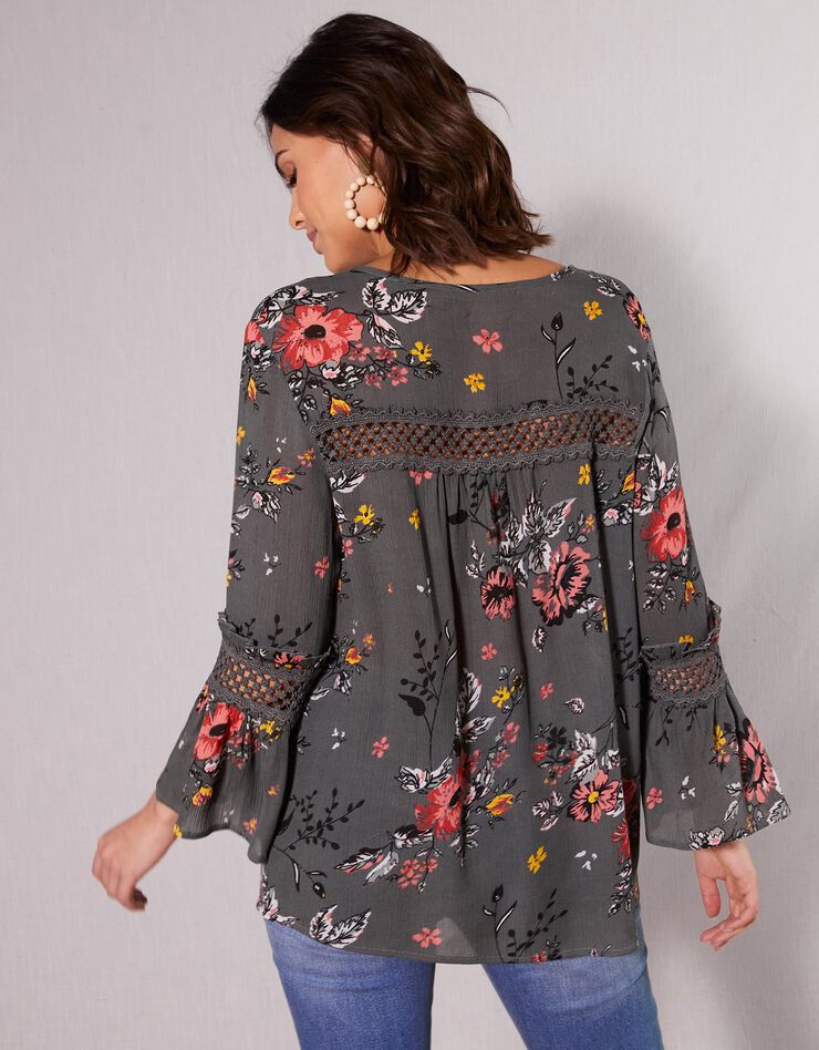Blouse imprimée détails macramé (kaki / corail) Blouse imprimée détails macramé (kaki / corail)