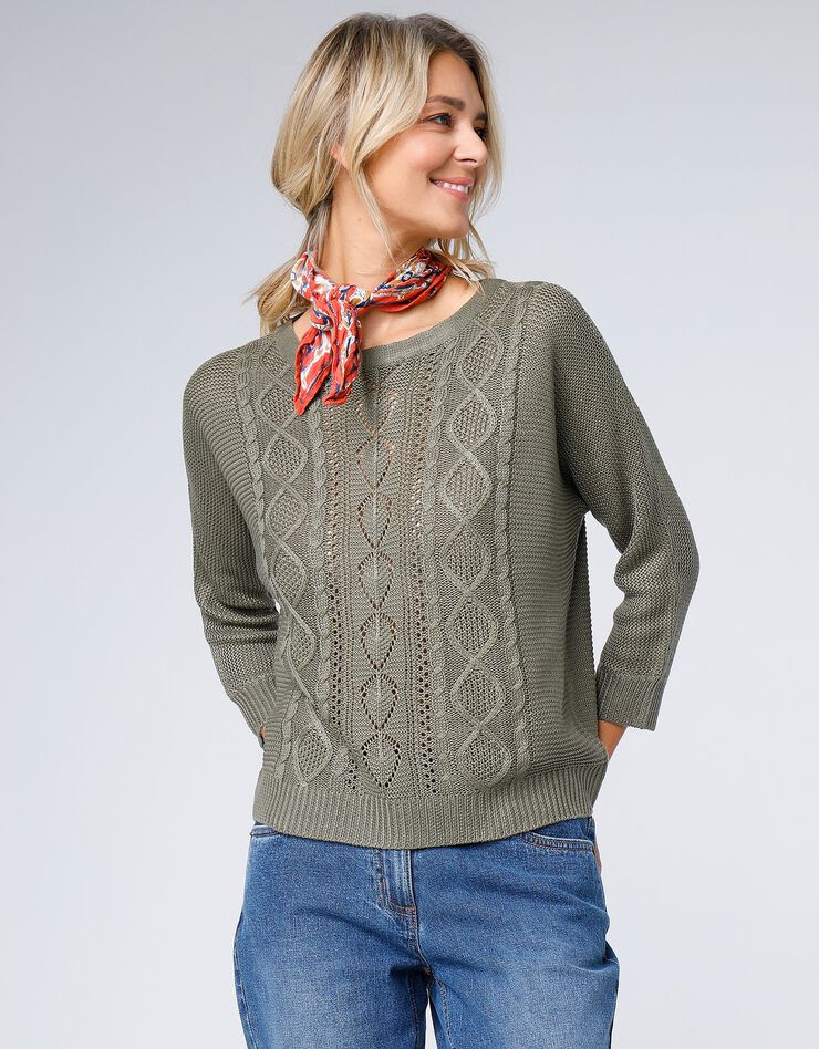 Pull torsadé manches 3/4, spécial petites (kaki) Pull torsadé manches 3/4, spécial petites (kaki)