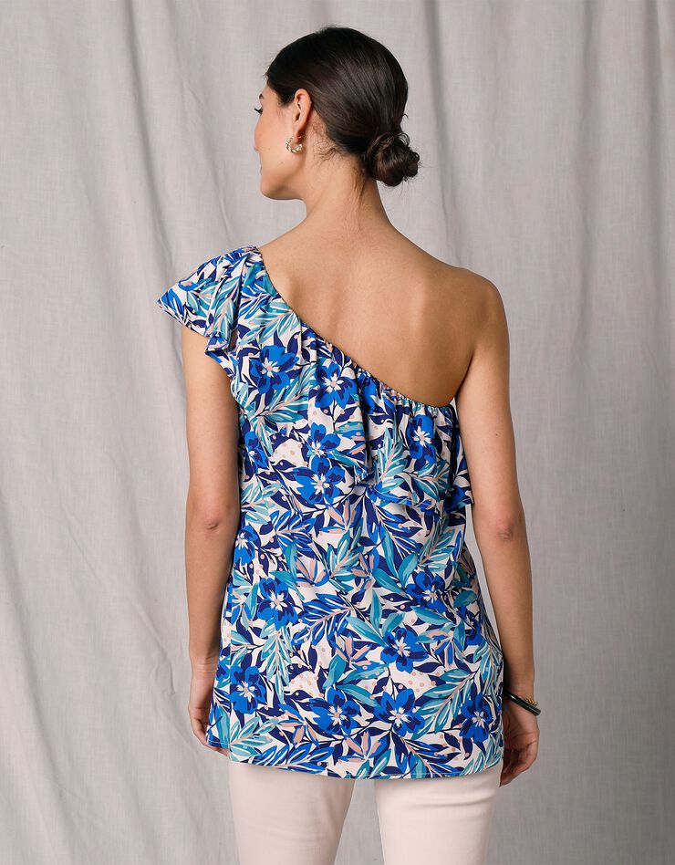 Blouse asymétrique épaule dénudée crêpe imprimé (beige / bleu) Blouse asymétrique épaule dénudée crêpe imprimé (beige / bleu)