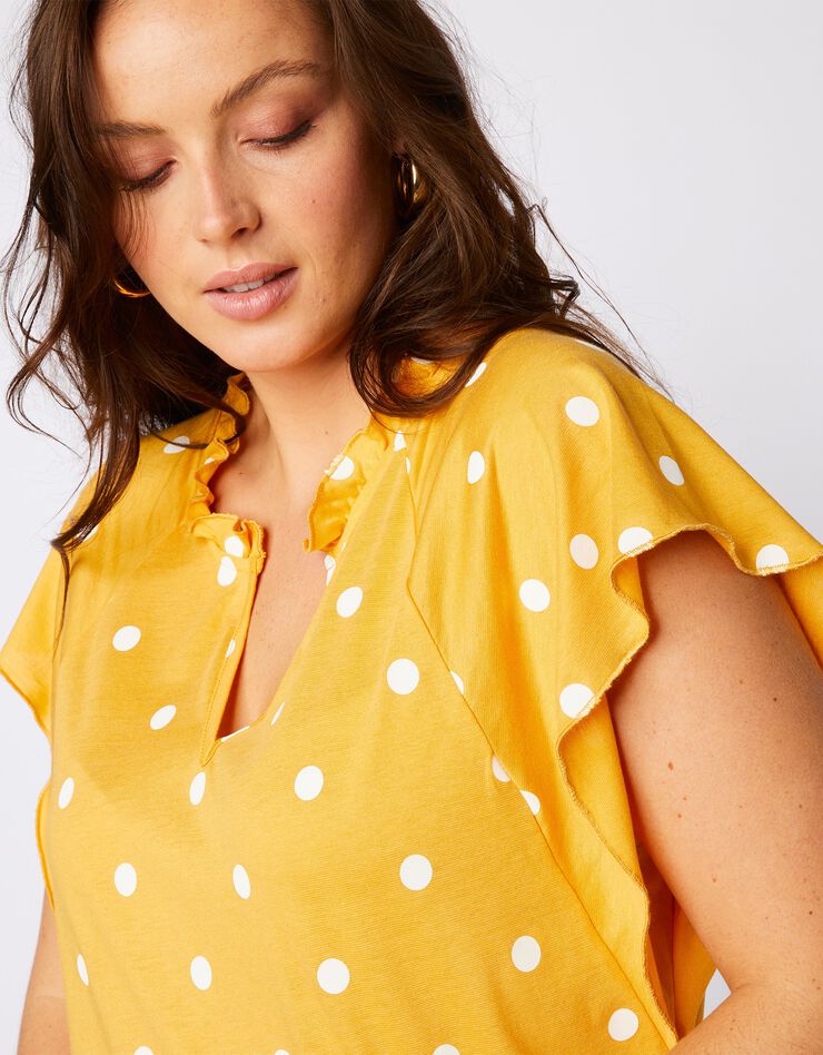 Top fluide à manches courtes raglan imprimé pois (jaune / blanc) Top fluide à manches courtes raglan imprimé pois (jaune / blanc)