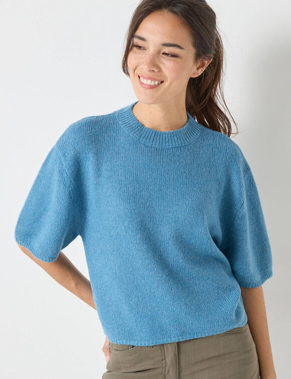 Pull loose manches coudes, laine et mohair mélangés (bleu glacier)
