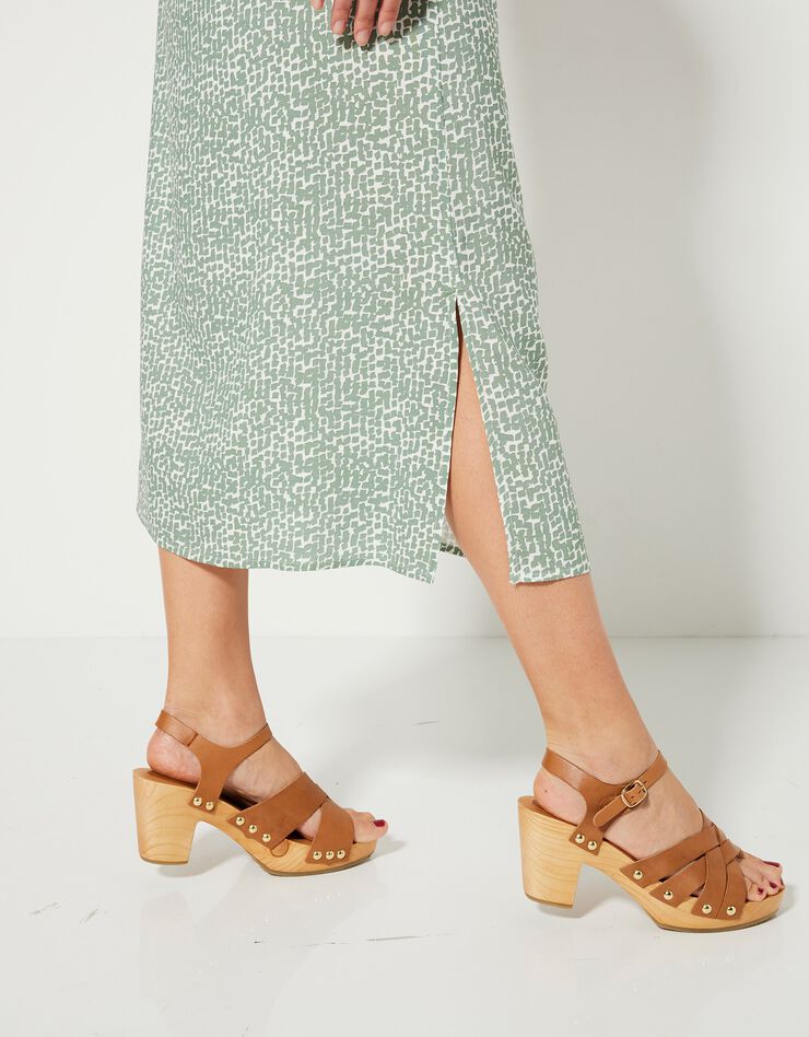 Robe droite longue fluide manches courtes, imprimé (vert amande / blanc)