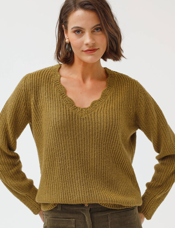 Pull col V, maille anglaise (vert olive)