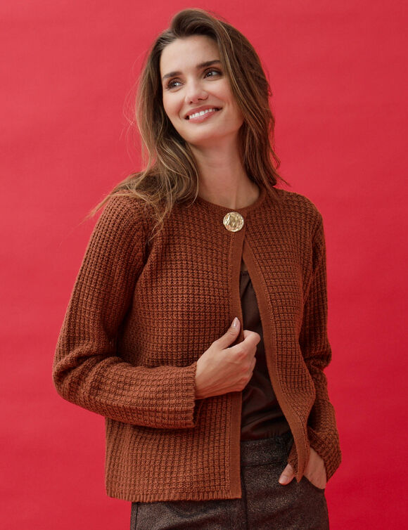 Gilet fa&ccedil;on veste, maille fantaisie (noisette)