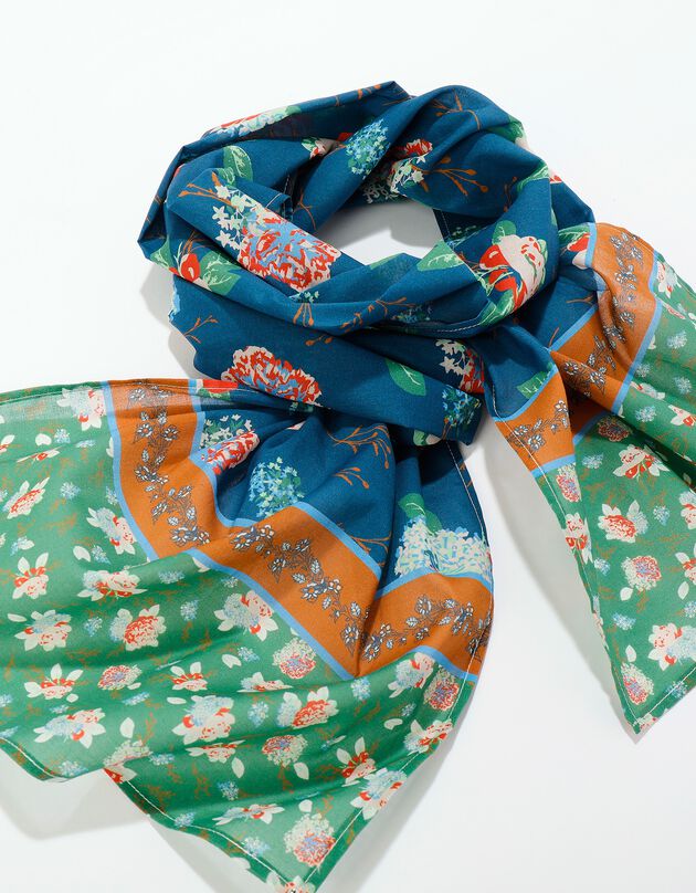 Foulard fabriqué en France imprimé fleurs bleu/vert, 198 x 38 cm - coton (bleu)