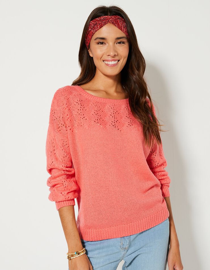 Pull manches longues blousantes, maille ajourée toucher mohair (corail) Pull manches longues blousantes, maille ajourée toucher mohair (corail)