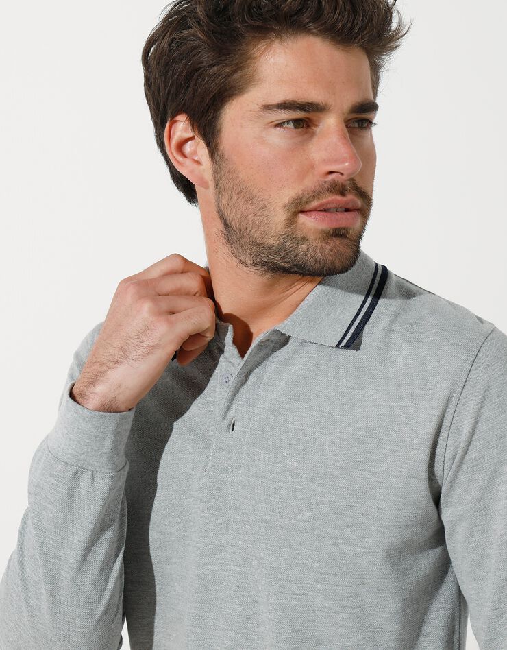 Polo uni maille piquée manches longues (gris chiné) Polo uni maille piquée manches longues (gris chiné)