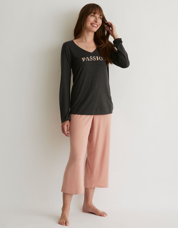 Tee-shirt pyjama manches longues imprimé "passion cocooning" (gris anthracite chiné)