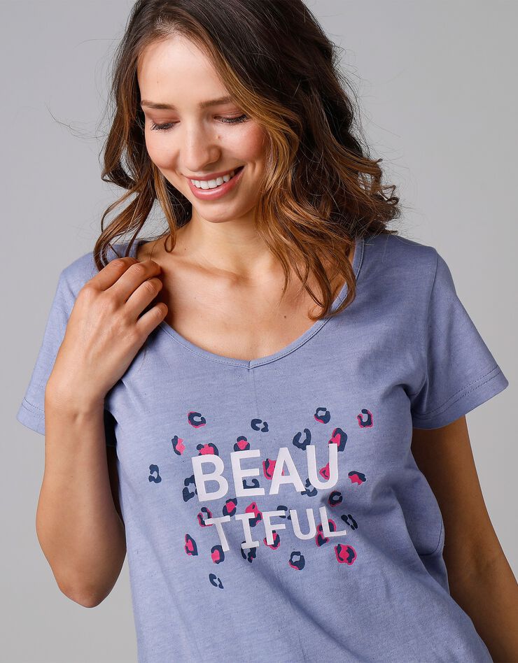 Tee-shirt manches courtes coton uni imprimé placé "Beautiful" (bleu) Tee-shirt manches courtes coton uni imprimé placé "Beautiful" (bleu)