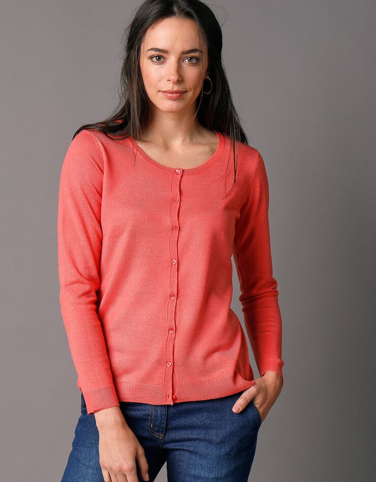 Cardigan boutonné col rond uni toucher cachemire (corail) Cardigan boutonné col rond uni toucher cachemire (corail)