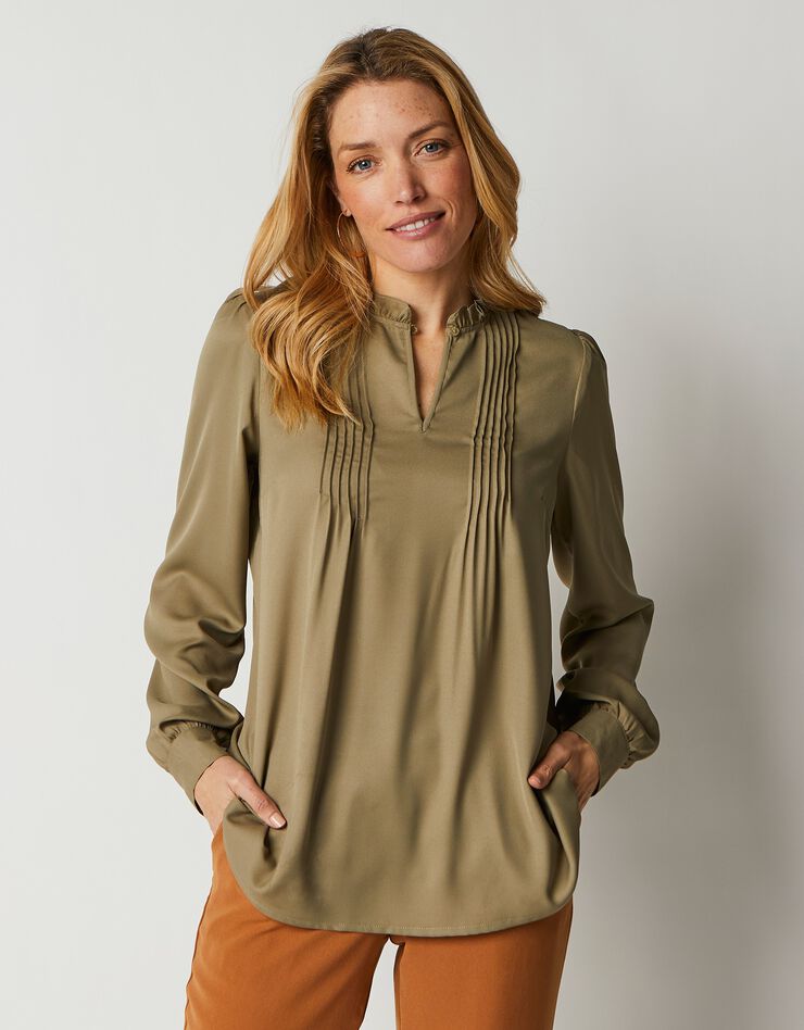 Blouse à plis manches longues unie (kaki clair) Blouse à plis manches longues unie (kaki clair)