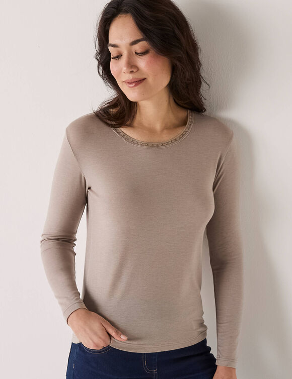 T-shirt chaleur manches longues en laine m&eacute;lang&eacute;e (taupe clair)