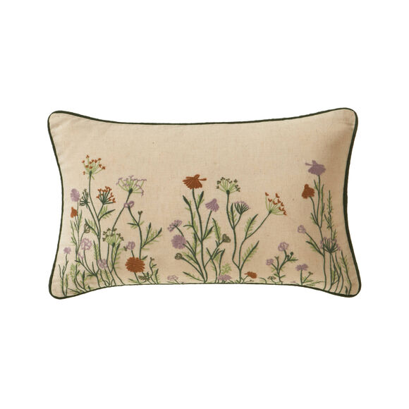 Coussin rectangulaire coton lin broderie fleurie (vert / parme)