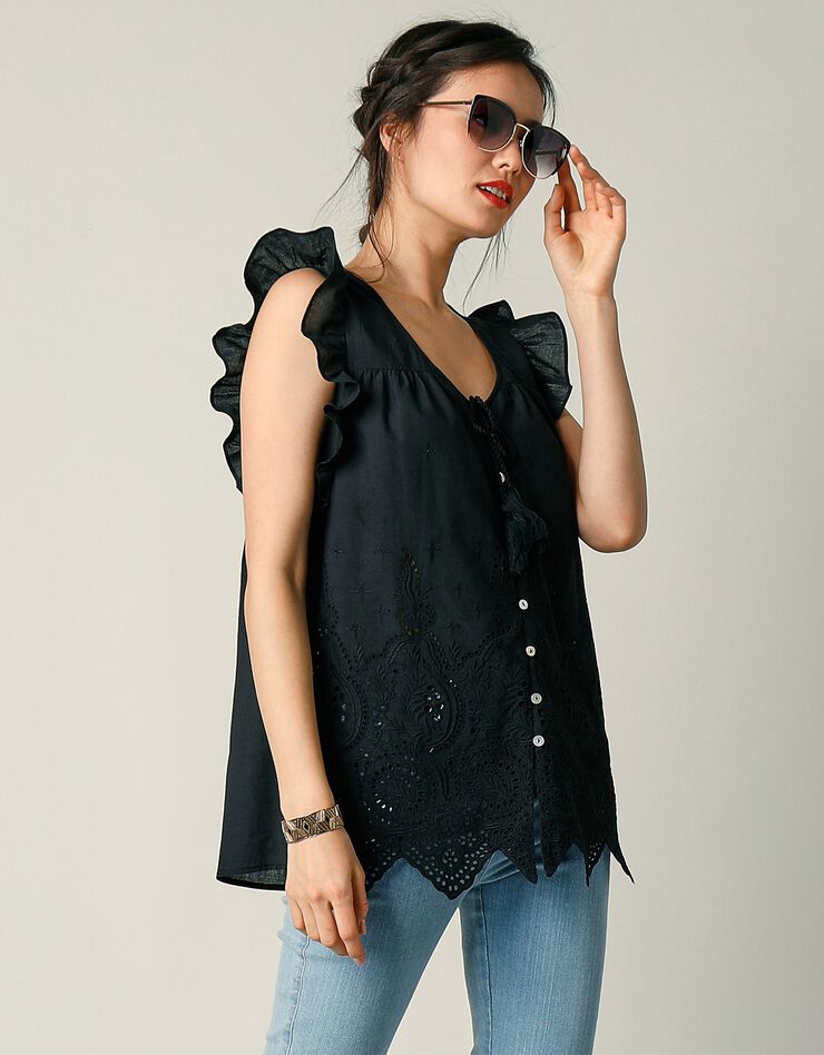 Blouse col V boutonnée unie, broderie anglaise (noir) Blouse col V boutonnée unie, broderie anglaise (noir)