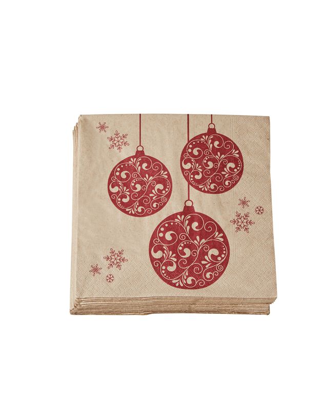 Serviettes en papier imprimées boules de Noël - lot de 25 (beige/rouge)