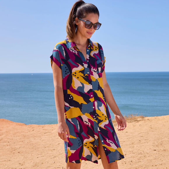 Robe de plage imprim&eacute;e, cr&eacute;pon (marine / violine)