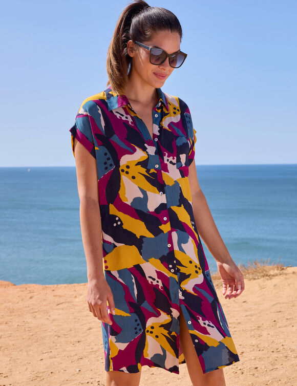 Robe de plage imprim&eacute;e, cr&eacute;pon (marine / violine)
