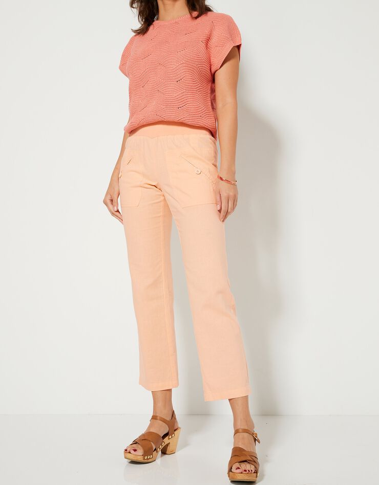 Pantalon coupe droite 7/8ème taille élastiquée, lin coton (pêche) Pantalon coupe droite 7/8ème taille élastiquée, lin coton (pêche)