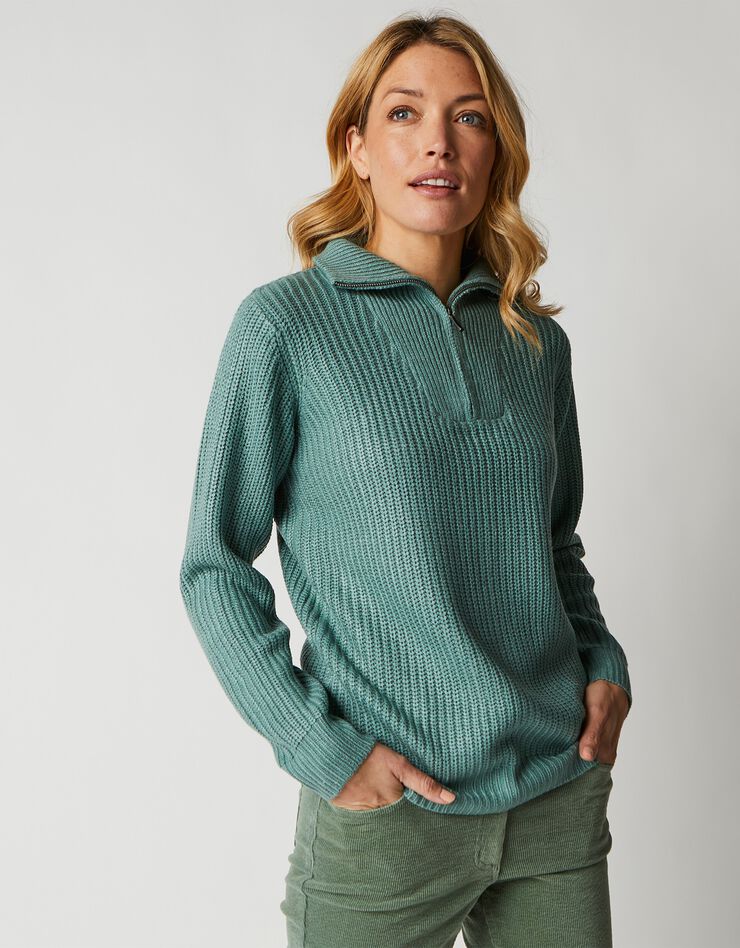 Pull col camionneur zippé maille anglasie (vert jade)