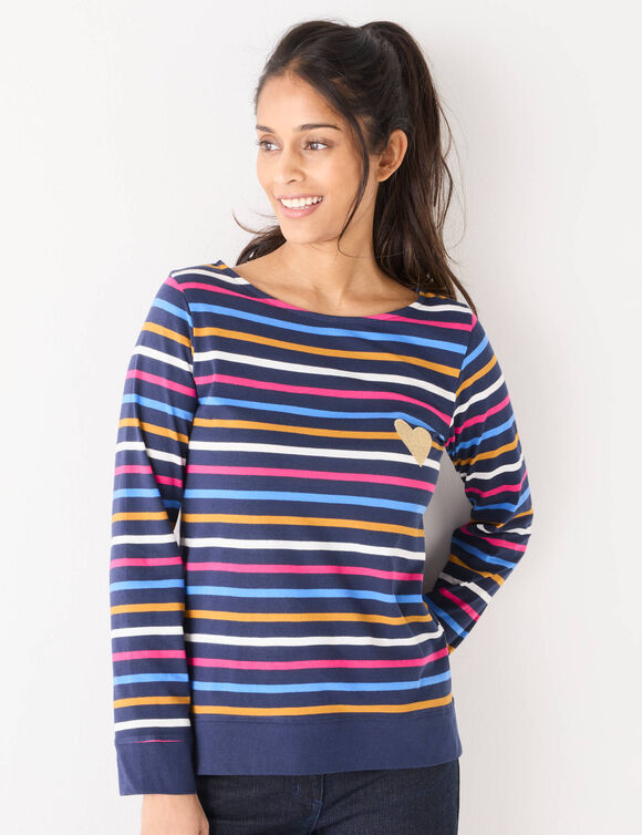 T-shirt marinière rayé manches longues, brodé "cœur" doré (marine / multicolore)