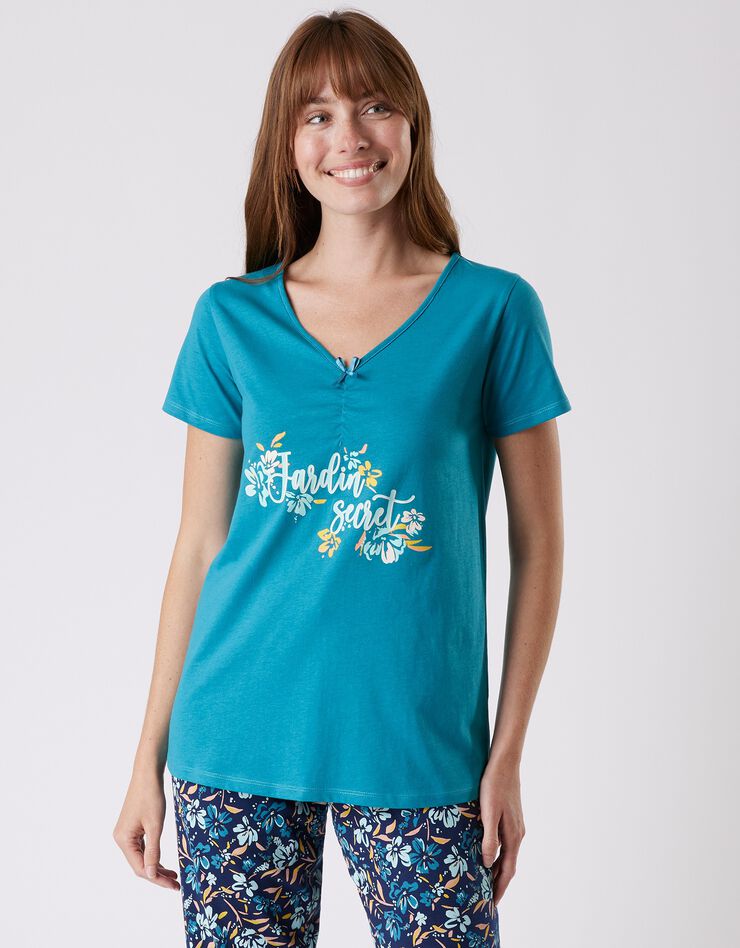 Tee-shirt pyjama manches courtes imprimé "jardin secret" (émeraude)
