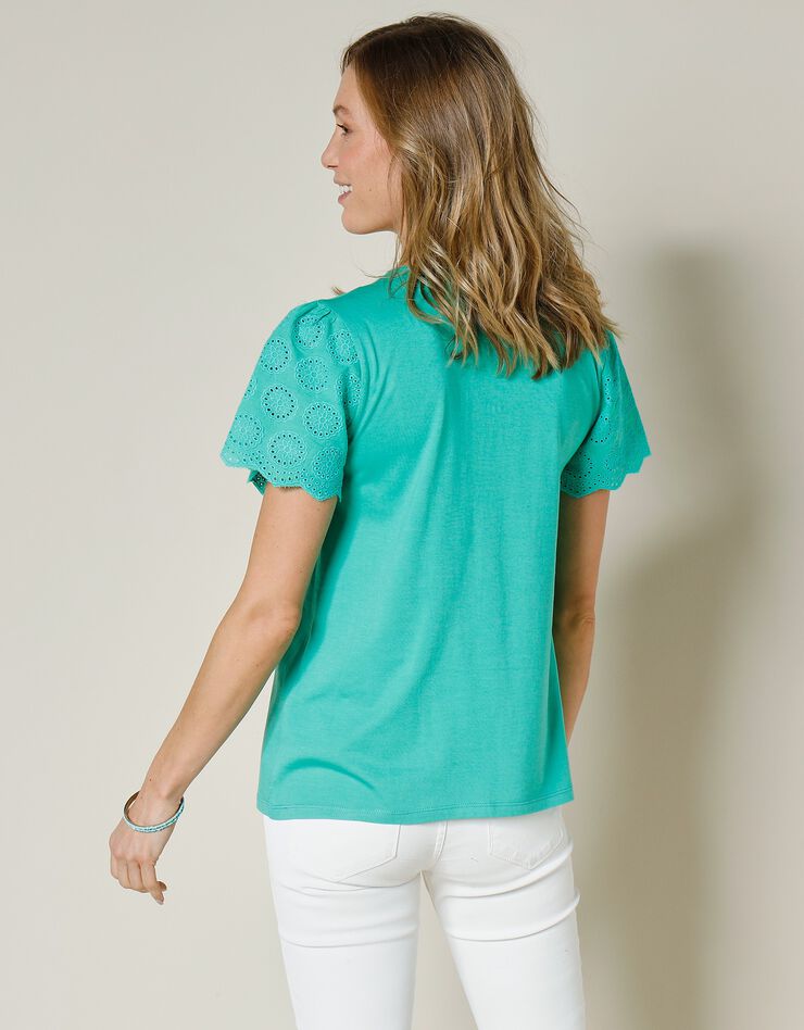 Tee-shirt col V, manches courtes broderie anglaise (menthe)