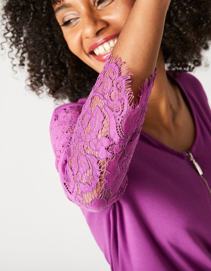 Tee-shirt col zippé manches 3/4 dentelle jersey (violine) Tee-shirt col zippé manches 3/4 dentelle jersey (violine)