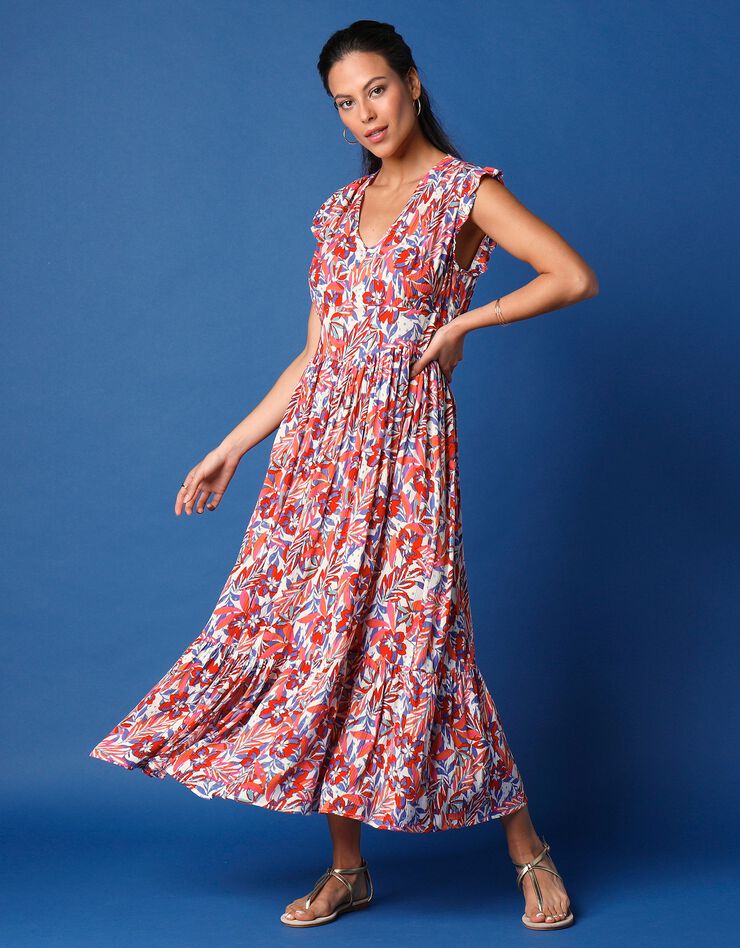 Robe longue imprimée sans manches (écru / rouge)