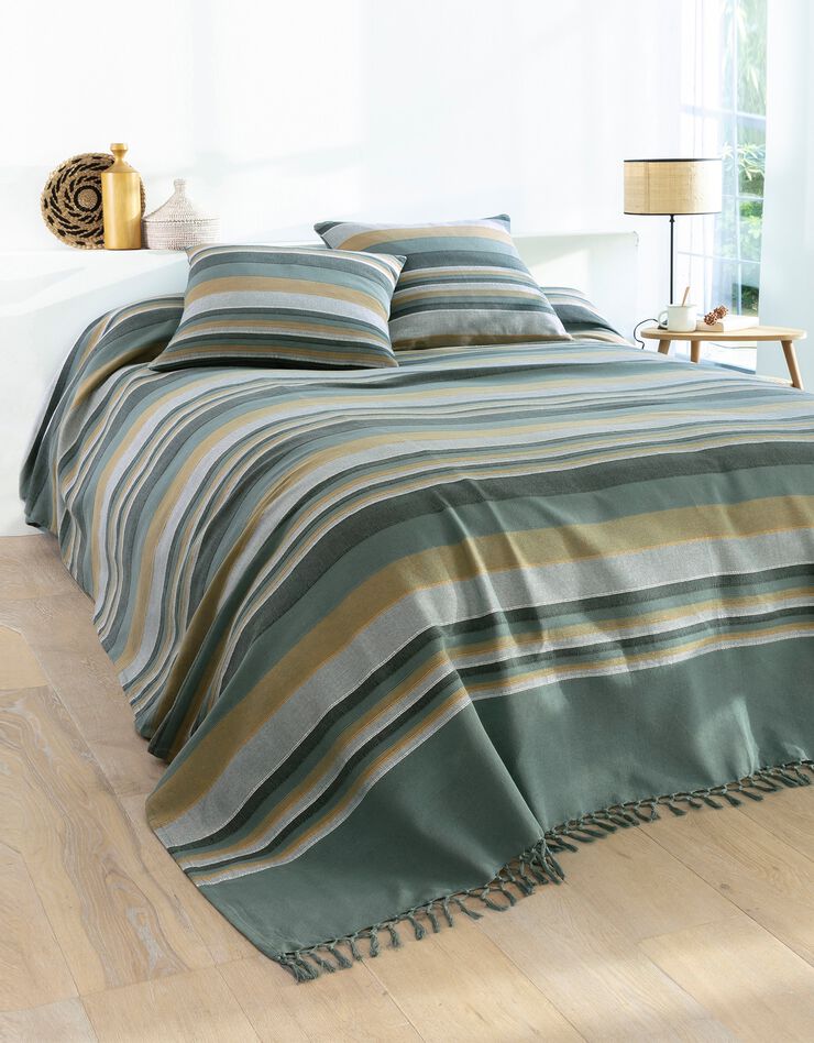 Plaid jeté multicolore coton tissage artisanal (vert grisé) Plaid jeté multicolore coton tissage artisanal (vert grisé)
